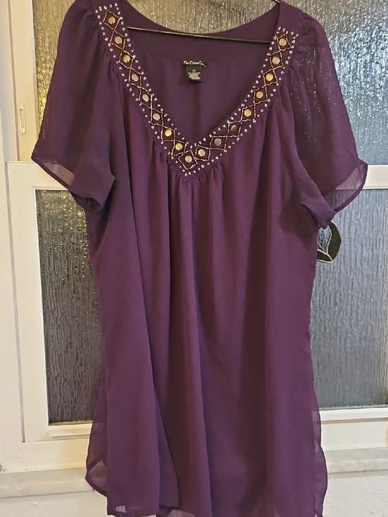 Nue Options Tops - Nue Options Purple Tunic with Gold Beaded V-Neckline